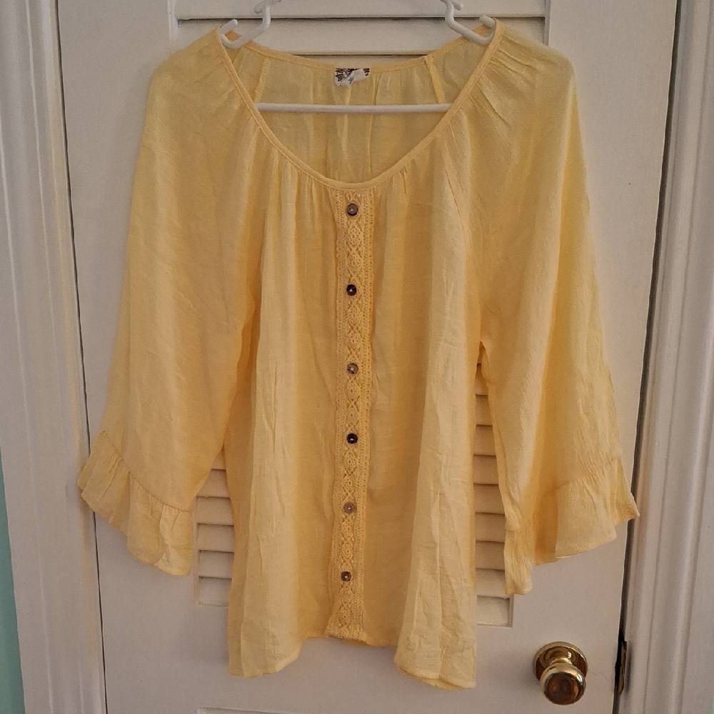 Elegant Late August Yellow Women's Blouse with Crochet And Button Detail